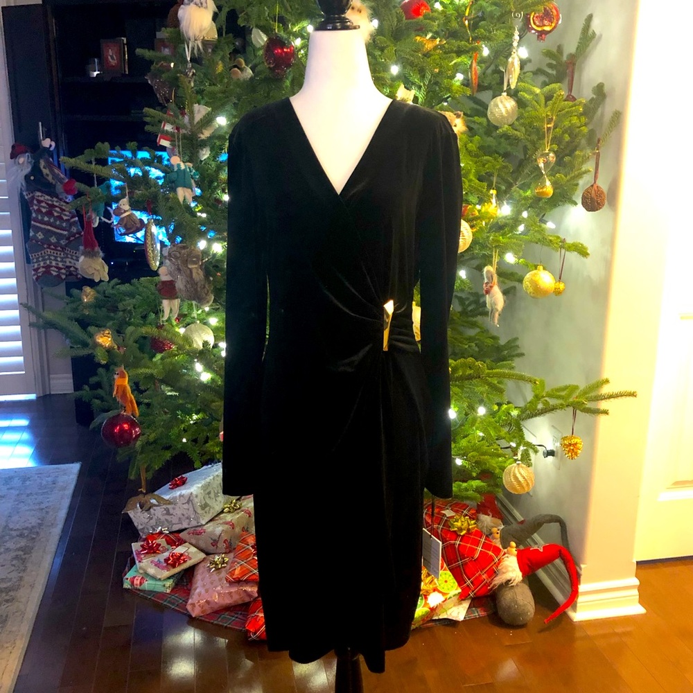 CALVIN KLEIN BLACK VELVET FAUX WRAP DRESS SZ 10